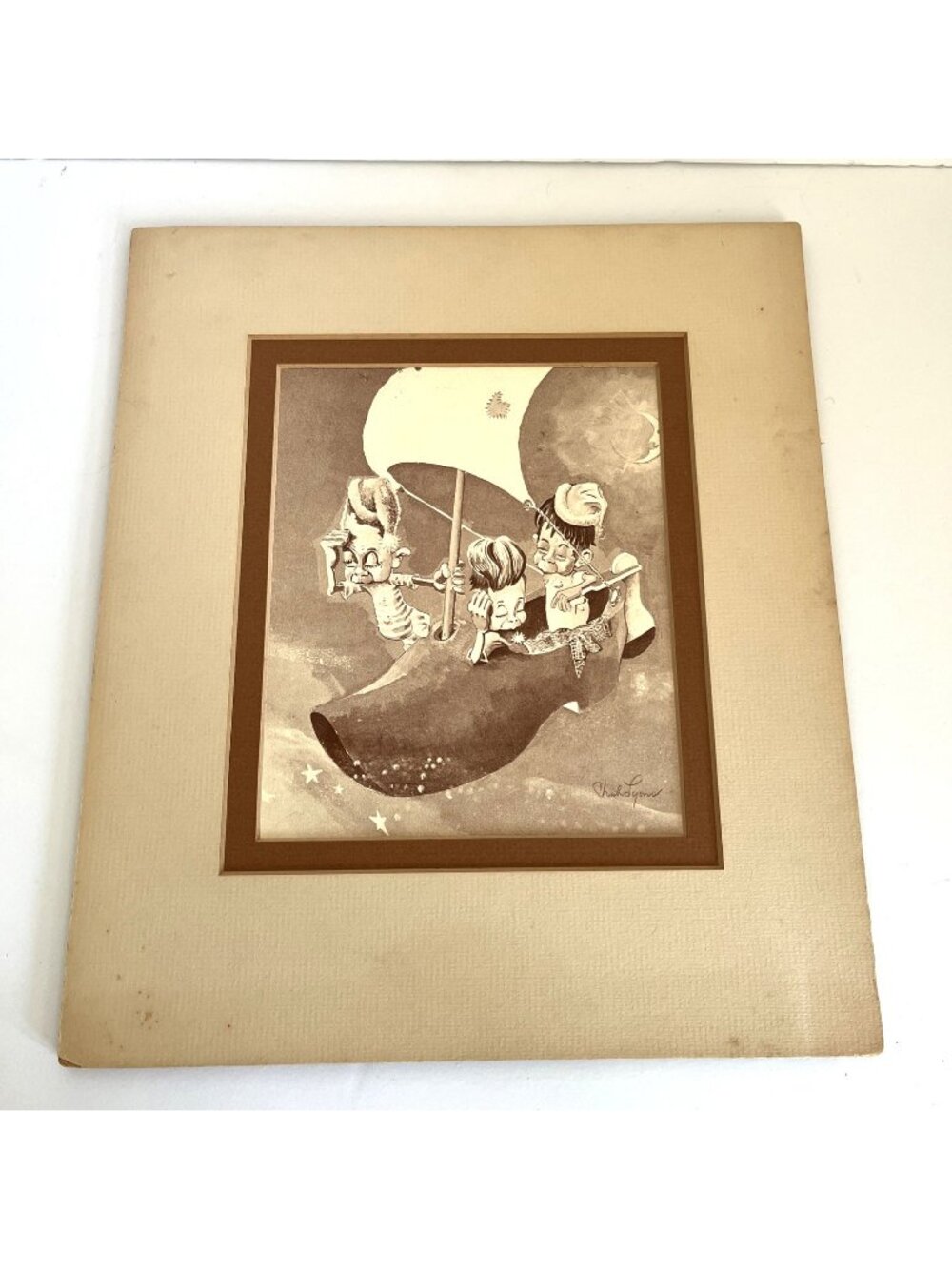 ORIGINAL Chuck Lyons signed Wynken Blynken Nod OOAK art sepia matted‎ 70s 80s